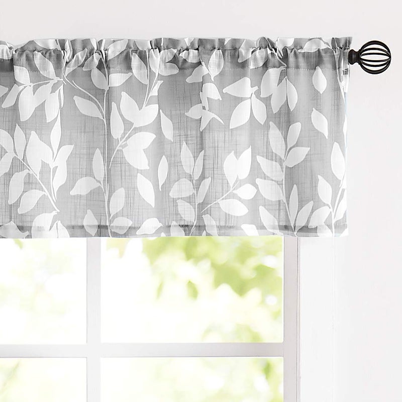 Treatmentex Grey Valance Curtain for Windows Leaf Print White Window Valances 52" by 15" Long 1 Panel - Image 1